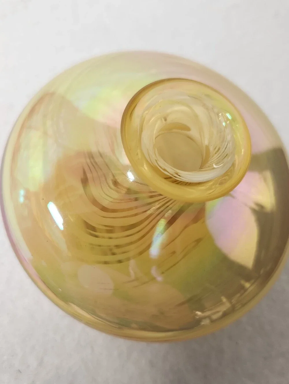 Vintage Iridescent Art Glass Swirl Vase Amber Gold Hand Blown Squat Bud Vessel